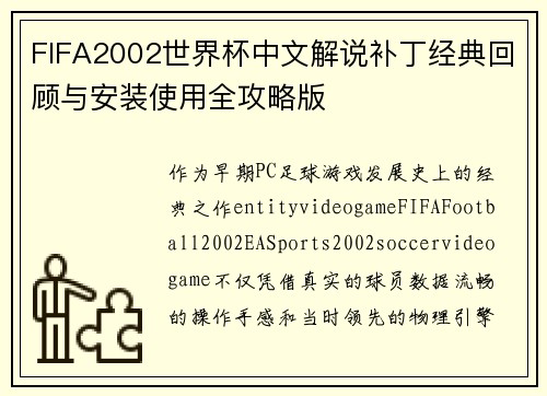 FIFA2002世界杯中文解说补丁经典回顾与安装使用全攻略版